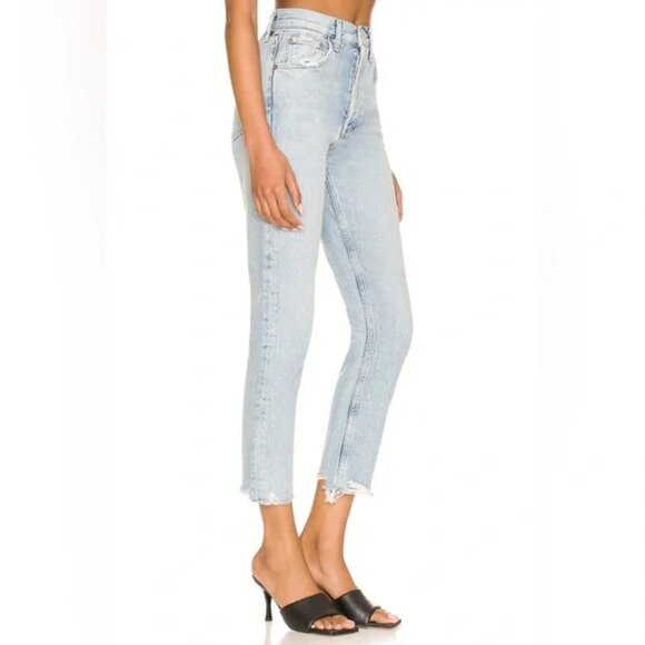 AGOLDE • Riley High Rise Crop Straight Leg Blue Raw Hem Jeans in Curio • 29/30 - Picture 2 of 14